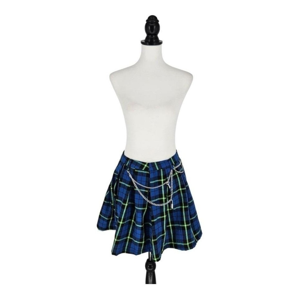 Hot Topic Pleated Plaid Skirt Womens‎ M Blue Green Chain Padlock Key Goth Punk